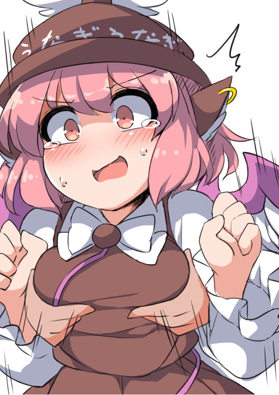 1girl animal_ears bird_ears bird_wings blush breast_grab brown_dress brown_headwear dress earrings frilled_sleeves frills fun_bo grabbing grabbing_from_behind hat jewelry long_sleeves mystia_lorelei open_mouth pink_eyes pink_hair short_hair simple_background single_earring solo tears touhou upper_body white_background white_wings winged_hat wings