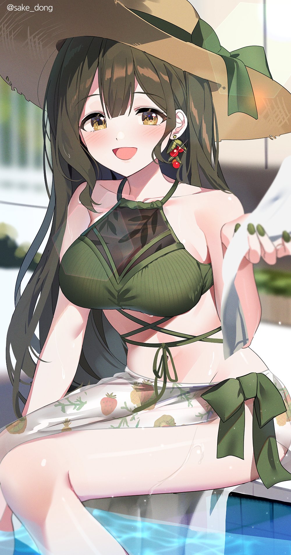 1girl :d bangs banned_artist bare_shoulders bikini blurry blurry_background blush breasts brown_hair collarbone earrings food fruit green_nails green_swimsuit groin halterneck hat highres idolmaster idolmaster_shiny_colors jewelry kuwayama_chiyuki large_breasts long_hair looking_at_viewer nail_polish navel open_mouth partially_submerged poolside print_swimsuit sake_dong sidelocks sitting smile solo stomach straw_hat sun_hat swimsuit thighs twitter_username very_long_hair water watermark wet