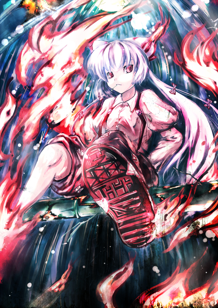 bad_id bad_pixiv_id bamboo bamboo_forest fire foreshortening forest fujiwara_no_mokou koohee mouth_hold nature shoes shorts sitting solo touhou