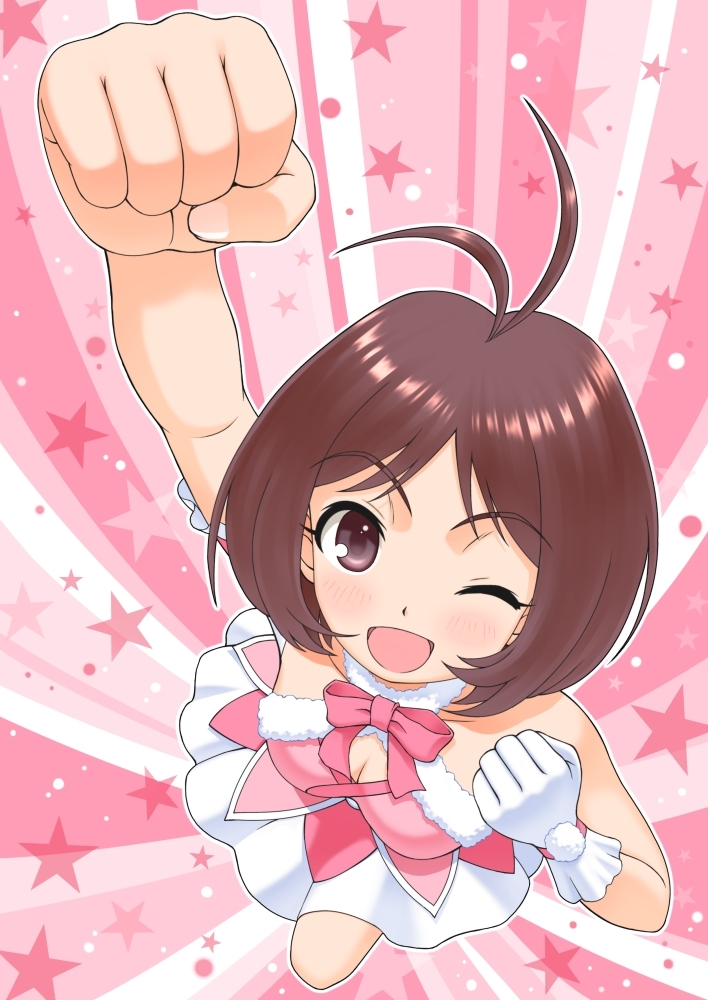 ahoge arm_up blush breasts cleavage clenched_hands cute_&amp;_girly_(idolmaster) foreshortening from_above gloves hidaka_ai idolmaster idolmaster_dearly_stars medium_breasts nokia_(harusion) one_eye_closed open_mouth parody pose raised_fist smile solo ultra_series ultraman
