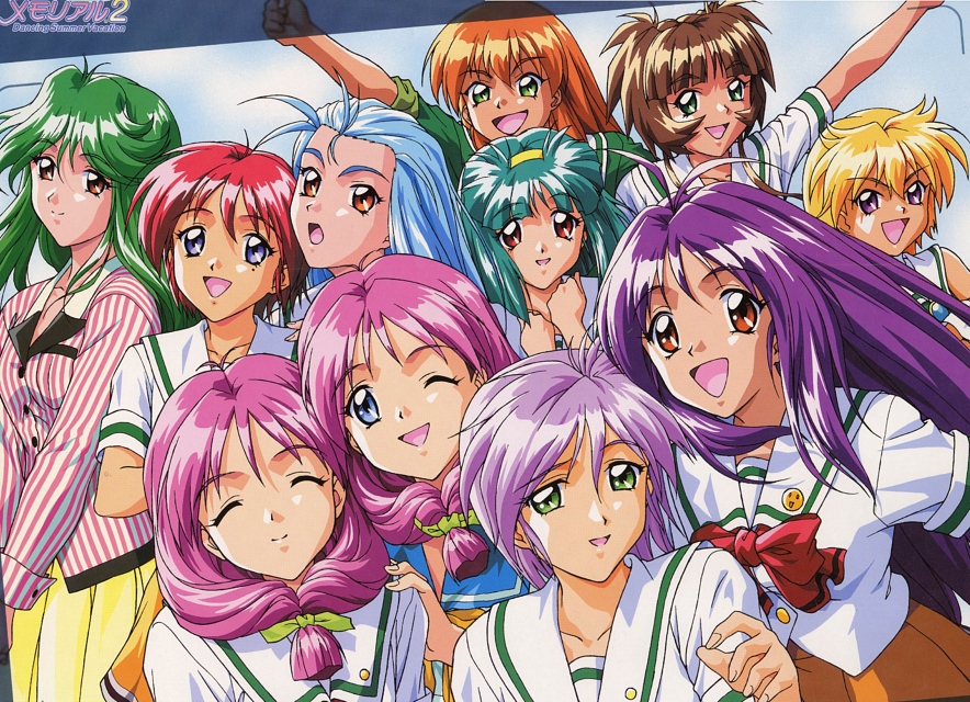 90s akai_homura asou_kasumi blonde_hair blue_eyes blue_hair brown_eyes brown_hair front_ponytail green_eyes green_hair happy hibikino_high_school_uniform hinomoto_hikari ichimonji_akane ijuuin_mei kokura_masashi kotobuki_miyuki long_hair minazuki_kotoko mole mole_under_eye multiple_girls official_art orange_hair pink_hair purple_eyes purple_hair red_hair sakura_kaedeko scan school_uniform shirayuki_maho shirayuki_miho short_hair siblings sisters sleeves_rolled_up tokimeki_memorial tokimeki_memorial_2 twins yae_kaori