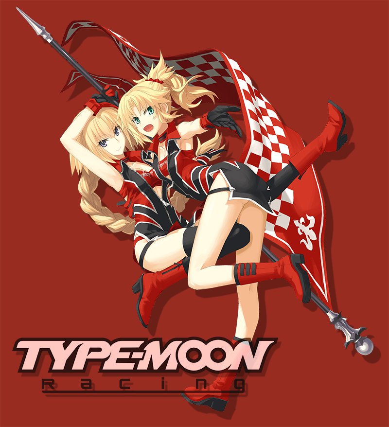 2girls adapted_costume blonde_hair blue_eyes boots braid checkered clothes_writing crop_top fate/apocrypha fate_(series) flag french_braid gloves hair_ornament hair_scrunchie high_heels jeanne_d'arc_(fate) jeanne_d'arc_(fate)_(all) knee_boots konoe_ototsugu long_braid long_hair looking_at_viewer medium_hair mordred_(fate) mordred_(fate)_(all) multiple_girls official_art ponytail race_queen red_gloves red_scrunchie scrunchie single_braid thighhighs