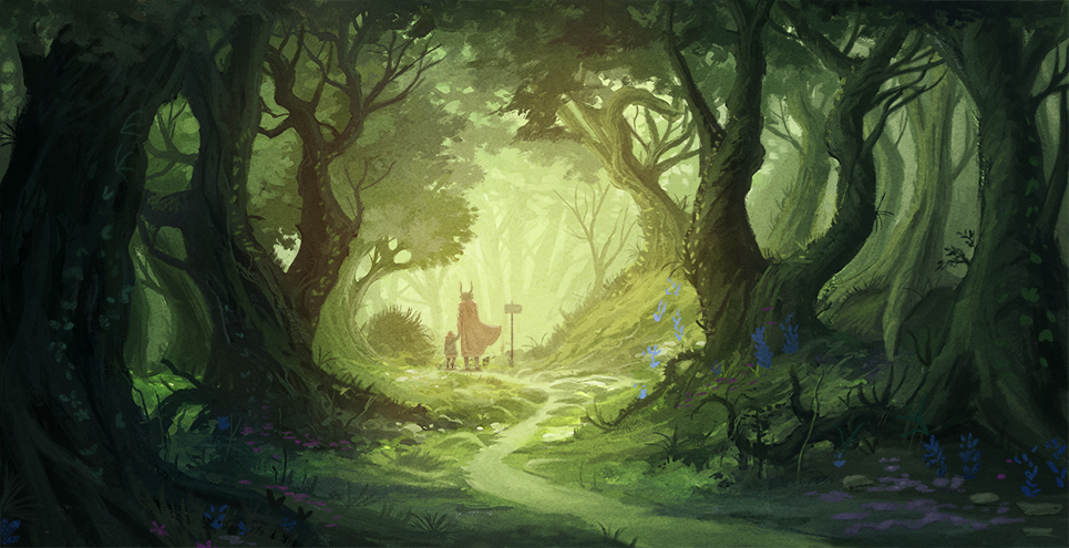 2others ambiguous_gender ame_sagari cape commentary_request day demon_horns distant fantasy flower forest from_behind giant grass height_difference horns multiple_others nature original red_cape road scenery side-by-side sign standing tree wide_shot wind wind_lift