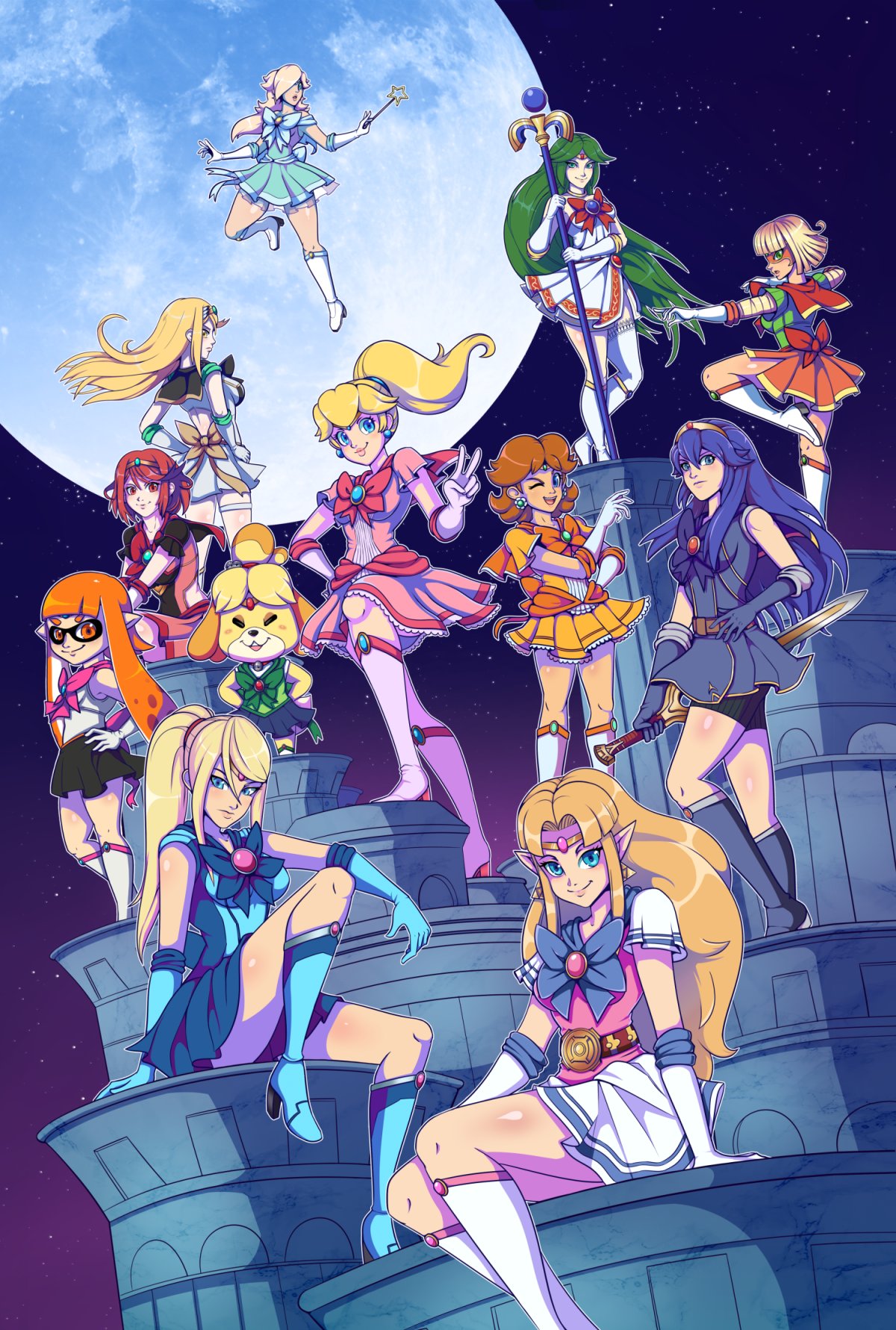 6+girls adapted_costume animal_crossing arms_(game) bishoujo_senshi_sailor_moon blonde_hair boots brown_hair falchion_(fire_emblem) fighting_stance fire_emblem fire_emblem_awakening floating green_hair highres inkling inkling_girl isabelle_(animal_crossing) kid_icarus kid_icarus_uprising knee_boots lucina_(fire_emblem) mario_(series) metroid min_min_(arms) moon multiple_girls mythra_(xenoblade) night night0pian night_sky orange_hair palutena parody ponytail pose princess_daisy princess_peach princess_zelda pyra_(xenoblade) red_hair rosalina sailor_collar sailor_senshi_uniform samus_aran sitting skirt sky smile splatoon_(series) star_(sky) super_mario_galaxy super_smash_bros. tentacle_hair the_legend_of_zelda the_legend_of_zelda:_a_link_between_worlds tiara xenoblade_chronicles_(series) xenoblade_chronicles_2