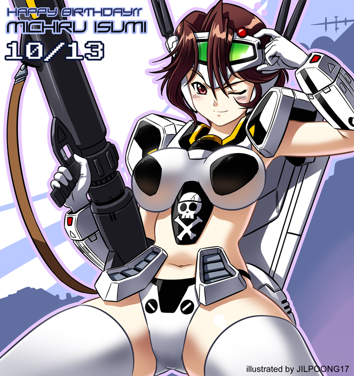 1girl adjusting_clothes adjusting_headwear armor artist_name birthday blush breasts brown_eyes brown_hair character_name choujikuu_yousai_macross commentary dated english_text gun gunpod happy_birthday holding holding_gun holding_weapon isumi_michiru jilpoong17 large_breasts macross mecha_musume midriff muvluv navel one_eye_closed panties roy_focker skull_and_crossbones solo thighhighs underwear vf-1s visor weapon white_panties