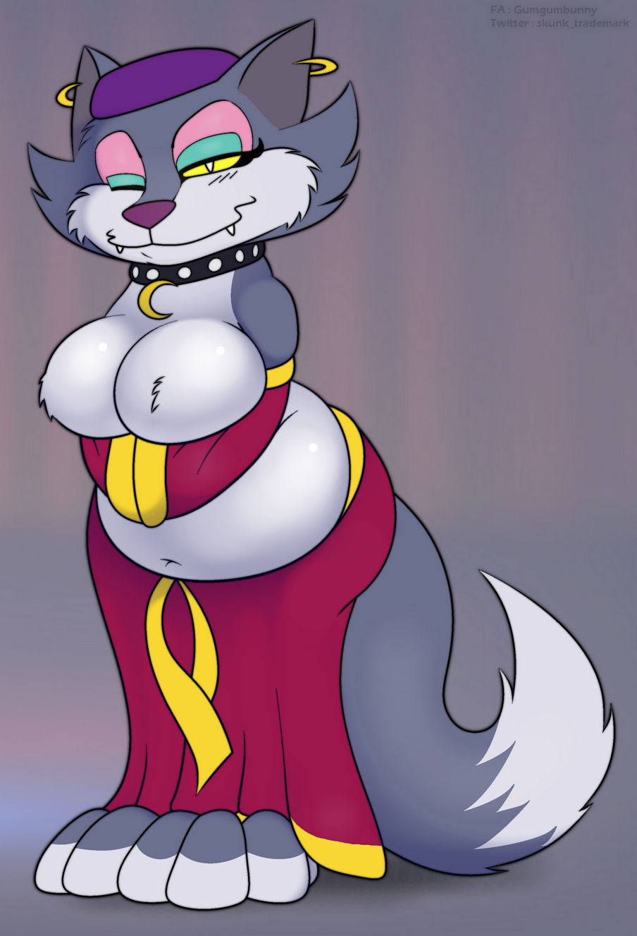 anthro belly big_belly big_breasts breasts clothing female foxball hi_res ms._fortune_(toonstruck) overweight overweight_anthro simple_background smile solo standing toonstruck video_games