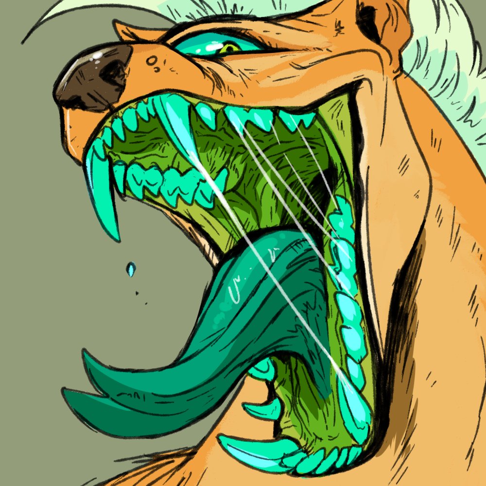1_eye blue_hair blue_sclera blue_teeth blue_tongue bodily_fluids brown_nose dripping forked_tongue front_view glistening glistening_eyes glistening_nose green_background green_eyes hair imperatorcaesar looking_at_viewer male mouth_shot open_mouth orange_body orange_ears orange_inner_ear saliva saliva_drip saliva_on_tongue saliva_string simple_background solo tongue tongue_out