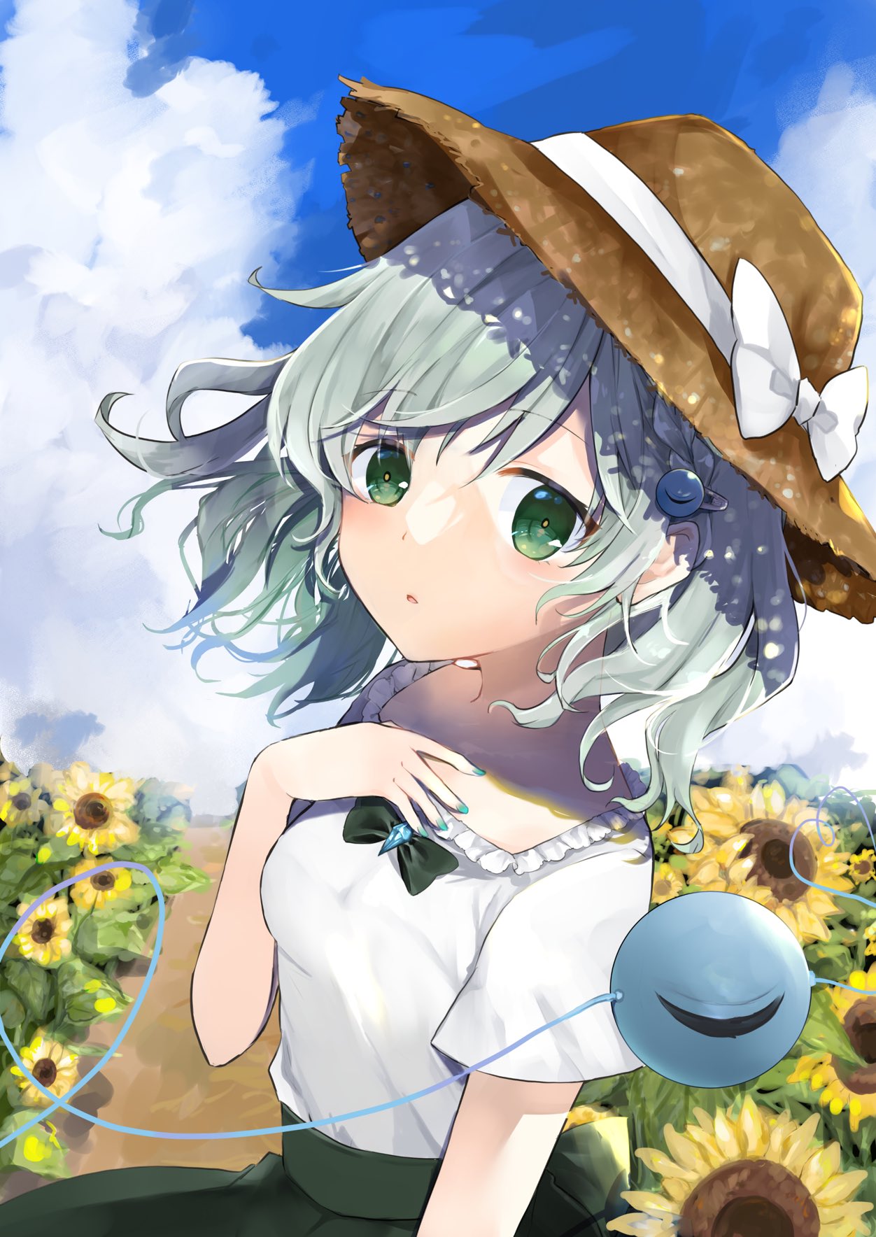 1girl blue_sky cloud day field flower flower_field green_eyes hat highres komeiji_koishi looking_at_viewer nail_polish skirt sky solo straw_hat sunflower touhou yellow_flower yurara_(aroma42enola)