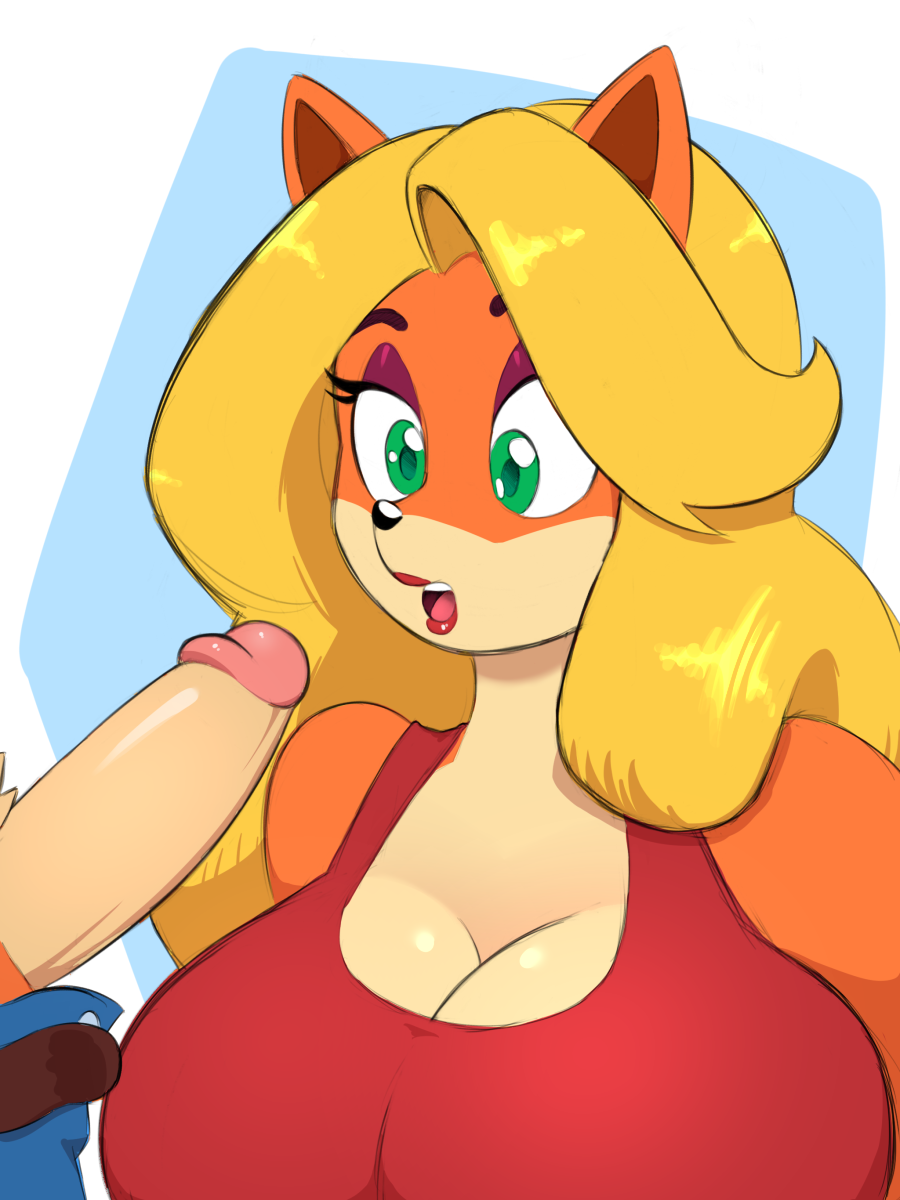 2020 activision anthro anthro_on_anthro big_breasts blonde_hair breasts brown_penis cleavage clothed clothing crash_bandicoot crash_bandicoot_(series) digitalkaiju duo female fur genitals green_eyes hair hi_res huge_breasts humanoid_genitalia humanoid_penis male male/female mammal marsupial open_mouth orange_body orange_fur partially_clothed penis simple_background tawna_bandicoot teeth tongue video_games