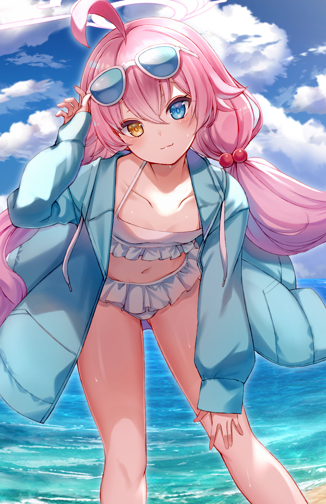 1girl :3 ahoge beach bikini bikini_skirt blue_archive blue_eyes blue_jacket closed_mouth collarbone day drawstring eyewear_on_head frilled_bikini frills hair_bobbles hair_ornament halo hand_on_own_knee hand_up heterochromia highres hoshino_(blue_archive) hoshino_(swimsuit)_(blue_archive) jacket leaning_forward long_hair long_sleeves looking_at_viewer low_twintails midriff navel open_clothes open_jacket outdoors pink_hair smile solo stomach string_bikini sunglasses swimsuit thighs twintails very_long_hair white-framed_eyewear white_bikini yellow_eyes yu_ni_t