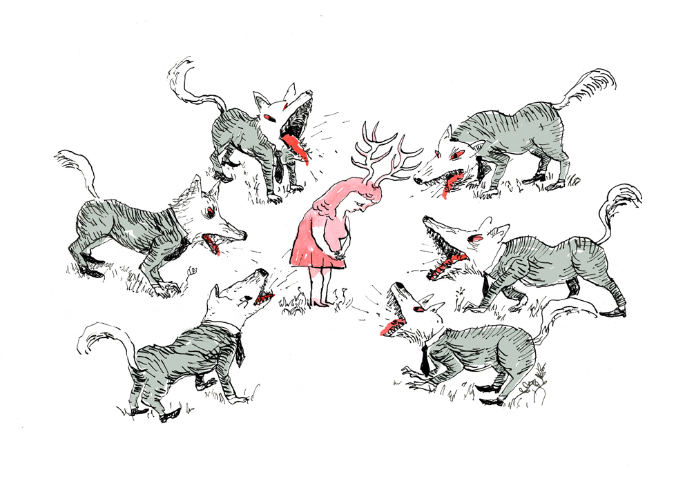 alberto_vazquez angry antlers canid canine canis cervid clothed clothing dress female feral footwear fully_clothed grass group horn humanoid male mammal necktie pack plant sad shoes simple_background suit surrounded tongue tongue_out white_background wolf