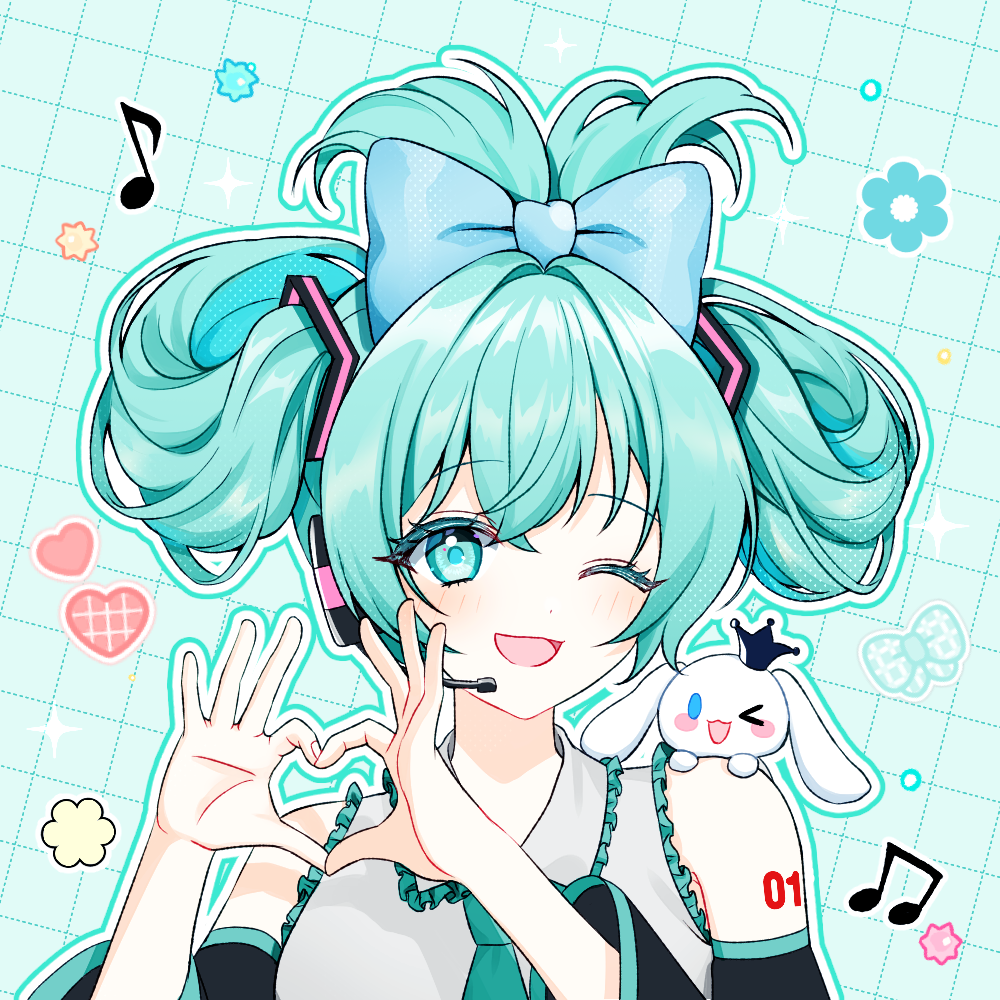 1girl ;d bangs beamed_eighth_notes black_sleeves blue_bow bow cinnamiku cinnamoroll collared_shirt commentary crown detached_sleeves eighth_note frilled_shirt frilled_shirt_collar frills green_eyes green_hair hair_between_eyes hair_bow hands_up hatsune_miku heart heart_hands long_sleeves mamel_27 mini_crown musical_note one_eye_closed outline shirt sleeveless sleeveless_shirt smile solo star_(symbol) symbol-only_commentary upper_body vocaloid white_outline white_shirt wide_sleeves