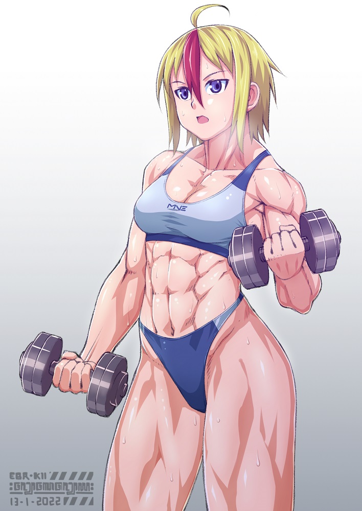 1girl ahoge bikini bikini_bottom_only blonde_hair breasts cleavage contrapposto dated dumbbell ebr-kii exercise gradient gradient_background hair_between_eyes heavy_breathing highleg medium_breasts medium_hair multicolored_hair muscular muscular_female navel original purple_eyes red_hair solo sports_bra streaked_hair sweat swimsuit two-tone_hair weightlifting