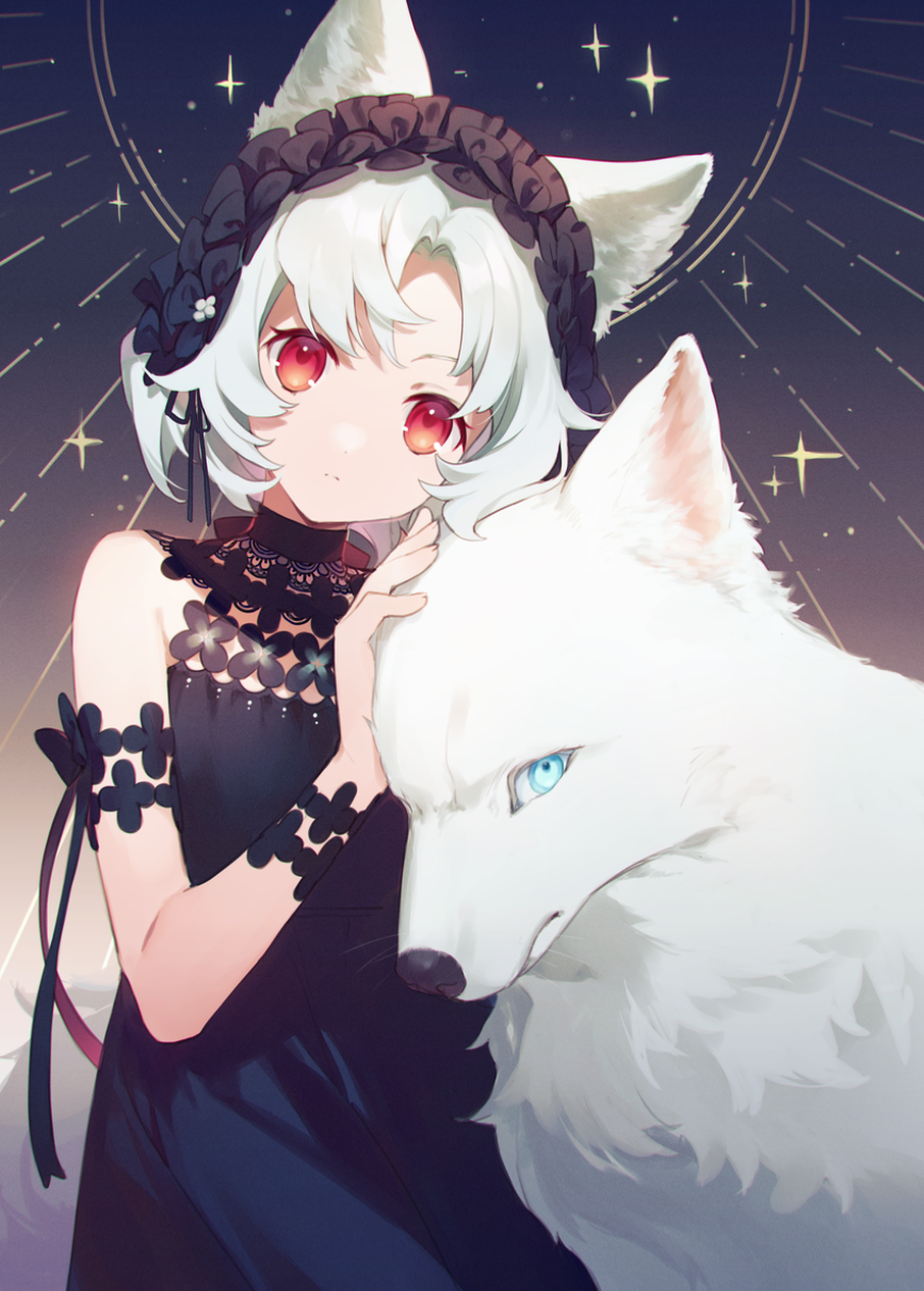 1girl animal animal_ear_fluff animal_ears asahikawa_hiyori bangs bare_shoulders black_dress blue_eyes closed_mouth commentary_request dress grey_hair hand_on_another's_head hand_up highres looking_at_viewer original parted_bangs red_eyes sleeveless sleeveless_dress solo wolf