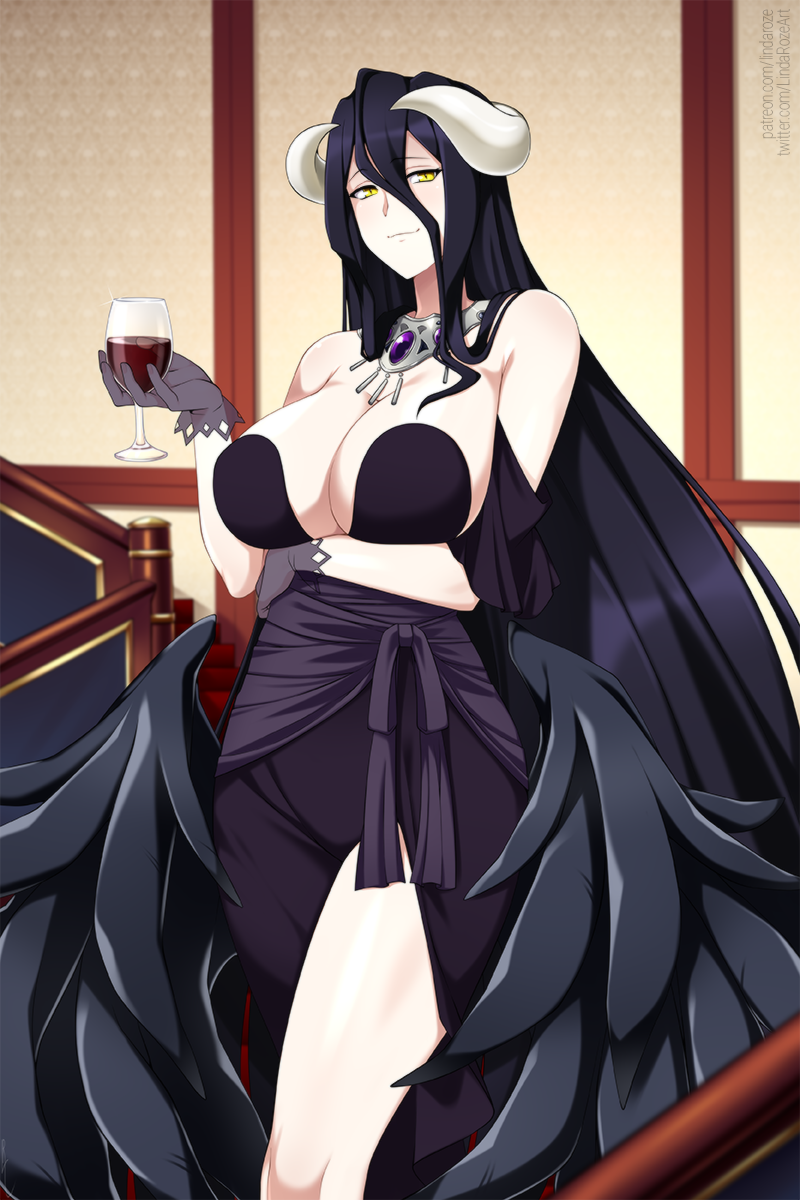 1girl albedo_(overlord) alcohol bare_shoulders black_dress black_hair black_wings breasts cleavage closed_mouth commission cup dress drinking_glass gloves hair_between_eyes highres holding holding_cup horns indoors large_breasts lindaroze long_hair overlord_(maruyama) smile solo standing thighs web_address wine wine_glass wings yellow_eyes