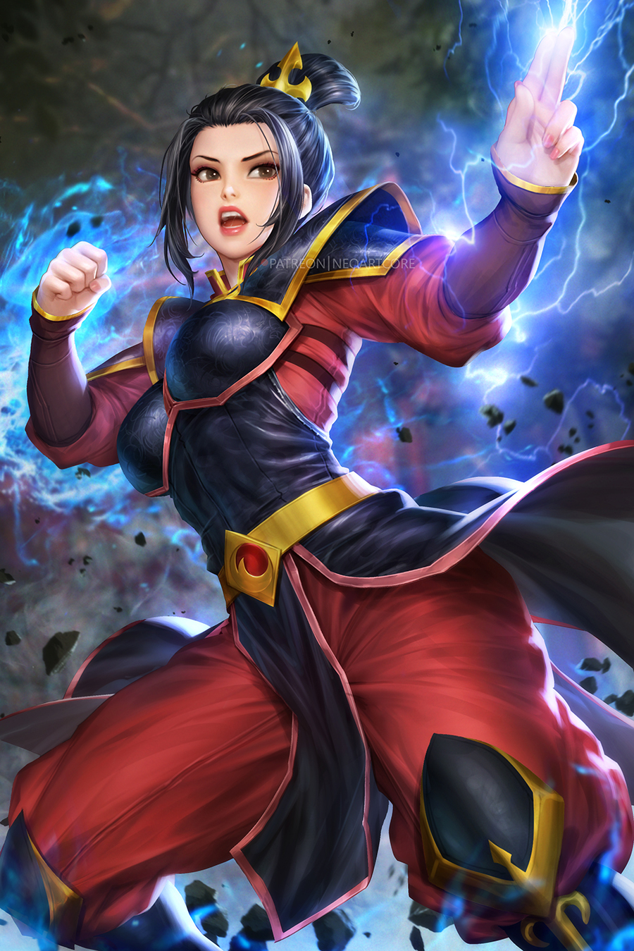 1girl avatar:_the_last_airbender avatar_(series) azula bangs black_hair breasts brown_eyes chest_guard cowboy_shot electricity electrokinesis fighting_stance hair_bun highres lightning long_bangs medium_breasts neoartcore open_mouth paid_reward_available solo tagme teeth topknot