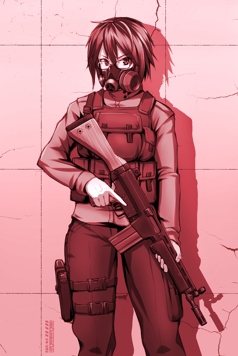 1girl androgynous battle_rifle cracked_wall ebr-kii gas_mask glasses gun h&amp;k_g3 handgun holster holstered_weapon load_bearing_vest mask original phantasy_star phantasy_star_online_2 red_theme rifle shadow solo trigger_discipline weapon