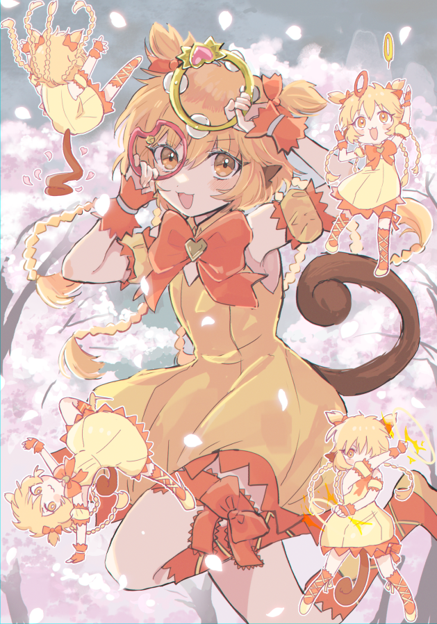 1girl :3 animal_ears blonde_hair bow braid detached_sleeves fingerless_gloves fong_pudding gloves handstand holding holding_weapon magical_girl mew_pudding monkey_ears monkey_girl monkey_tail multiple_views nuka_(nukamochi) open_mouth orange_bow orange_eyes orange_gloves petals puffy_sleeves short_hair short_twintails tail thigh_strap tokyo_mew_mew twintails weapon