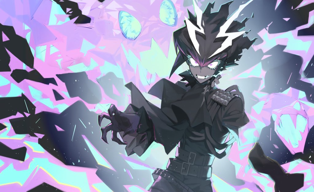 1boy belt black_hair claws clenched_teeth colored_skin electricity eyelashes gloves grey_skin hair_between_eyes inuyama_(inuhill) lio_fotia long_eyelashes male_focus monster multicolored_hair pink_hair promare purple_eyes purple_gloves purple_hair snake studded studded_belt teeth wide-eyed