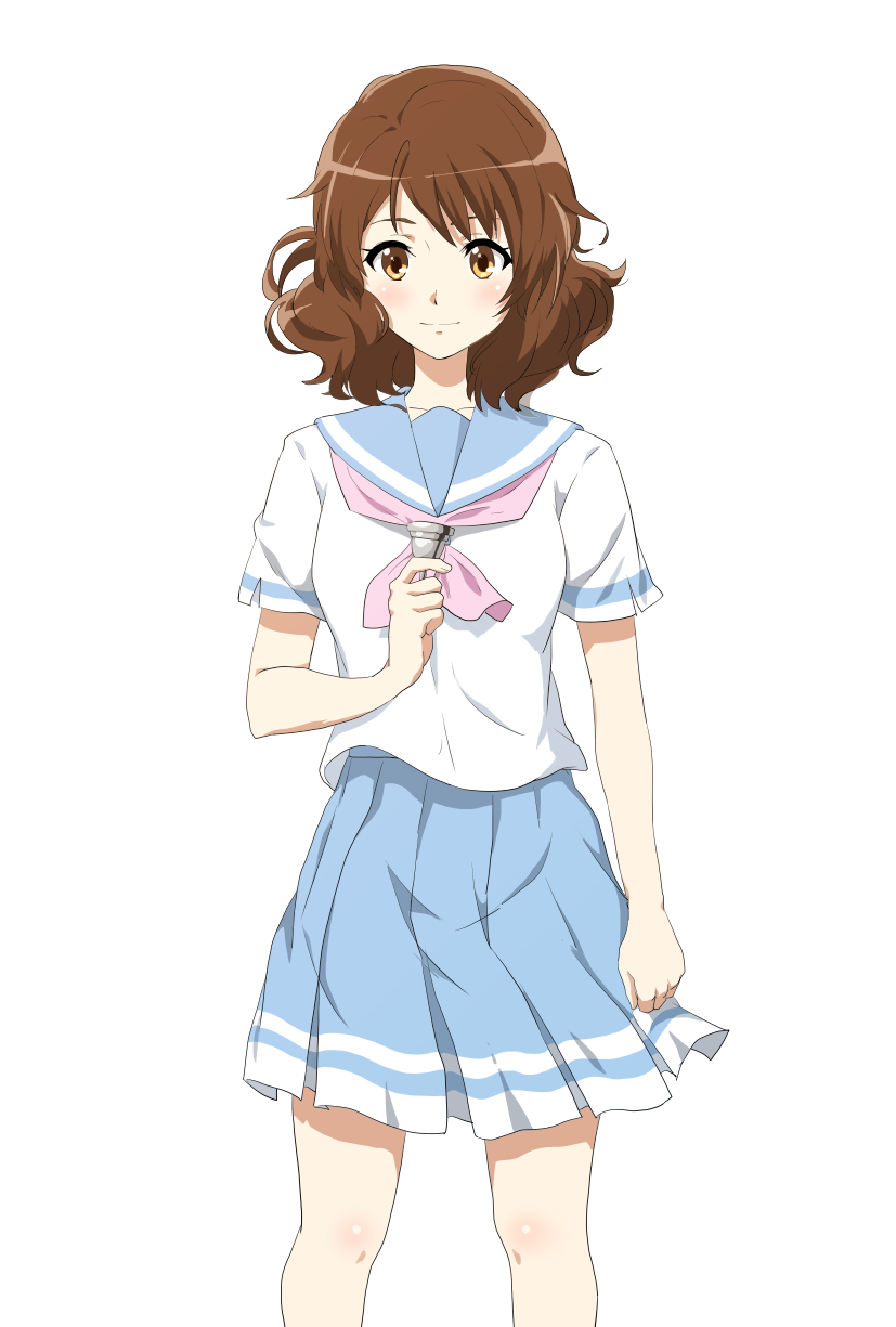 1girl bangs blue_sailor_collar blue_skirt blush brown_eyes brown_hair circle_(pixiv7060692) closed_mouth curly_hair hand_up hibike!_euphonium highres holding kitauji_high_school_uniform looking_at_viewer mouthpiece neckerchief oumae_kumiko pink_neckerchief pleated_skirt sailor_collar school_uniform serafuku shirt short_hair short_sleeves simple_background skirt solo standing white_background white_shirt