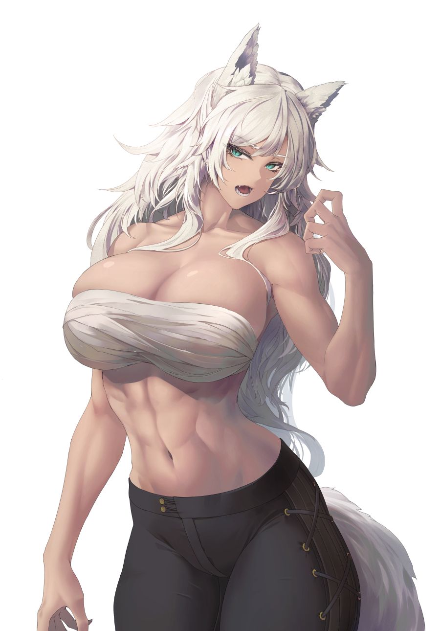 1girl abs animal_ears bandages bangs bare_arms bare_shoulders black_pants breasts chest_sarashi cleavage collarbone copyright_request green_eyes grey_hair hand_up highres large_breasts limeblock long_hair looking_at_viewer muscular muscular_female navel pants parted_lips sarashi simple_background solo tail white_background