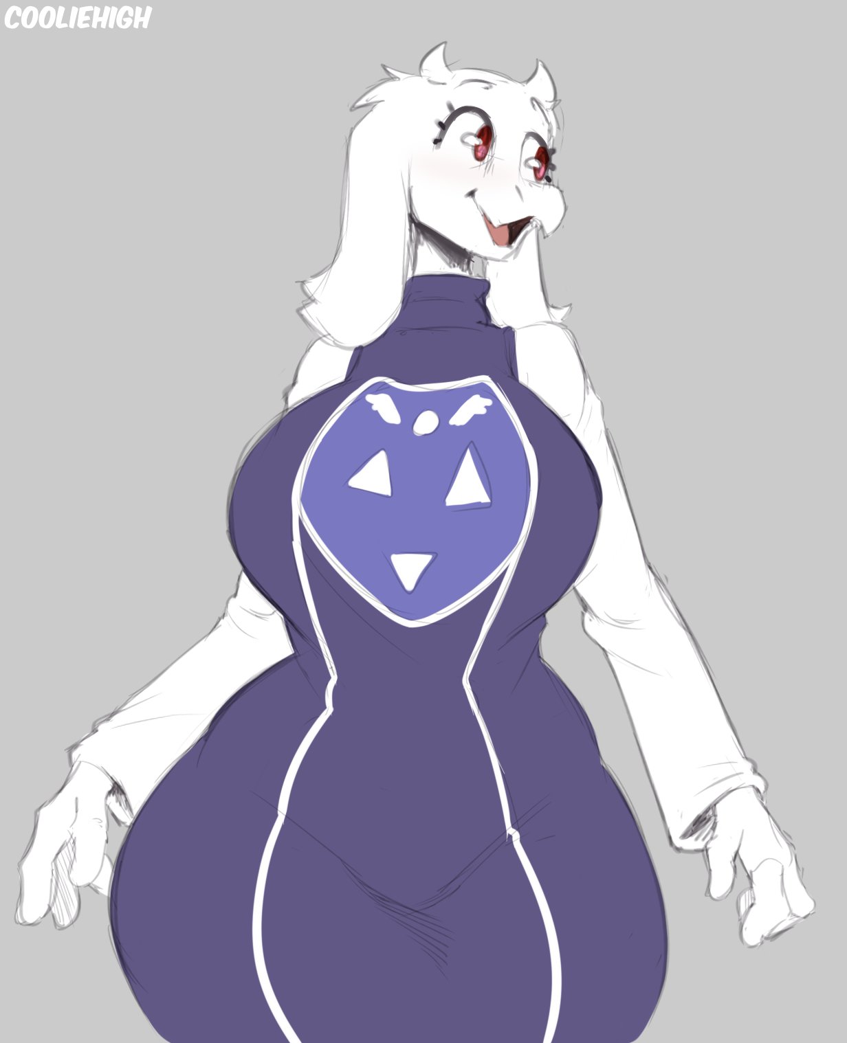 2022 4_fingers anthro big_breasts boss_monster bovid breasts caprine clothed clothing cooliehigh female fingers fur hi_res horn huge_breasts looking_aside mammal mature_anthro mature_female open_mouth open_smile red_eyes simple_background smile solo thick_thighs toriel undertale undertale_(series) video_games white_body white_fur wide_hips