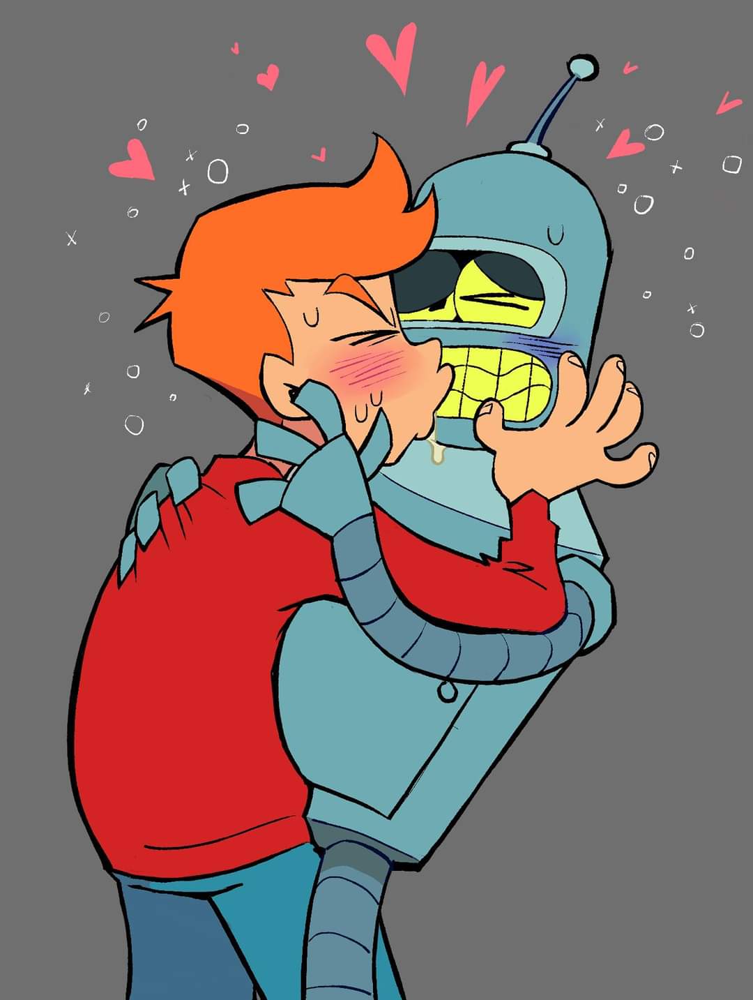 &lt;3 bender_bending_rodr&iacute;guez blush clothing comedy_central dddracula duo eyes_closed futurama grey_background hair hi_res human jacket kissing machine male male/male mammal orange_hair philip_j._fry red_clothing red_jacket red_topwear robot simple_background topwear