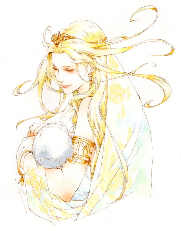 1girl armlet bangs blonde_hair bracelet closed_eyes cosmos_(dff) dissidia_final_fantasy dress earrings final_fantasy holding_baby jewelry long_hair mother_and_child nanami_(fuku) parted_bangs smile tiara upper_body veil white_background white_dress white_hair
