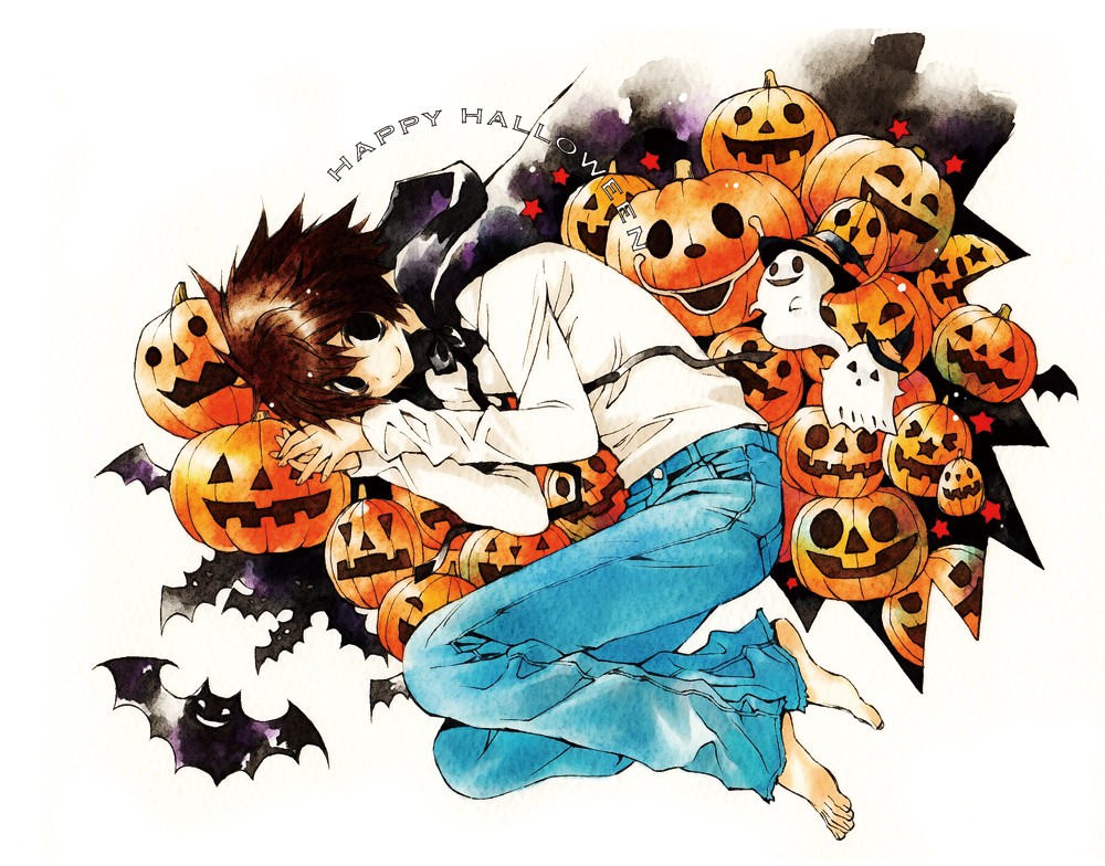 1boy bags_under_eyes barefoot bat_(animal) black_cape black_eyes black_hair blue_pants cape curled_up death_note denim full_body hair_between_eyes halloween happy_halloween jack-o'-lantern jeans l_(death_note) long_sleeves looking_at_viewer male_focus nanami_(fuku) own_hands_together pants shirt short_hair smile solo spiked_hair white_shirt