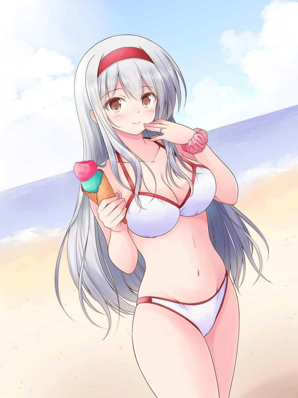 1girl alternate_costume bare_shoulders beach bikini blush breasts brown_eyes cleavage collarbone commentary_request commission food hairband highres holding holding_food ice_cream icesherbet kantai_collection large_breasts long_hair looking_at_viewer navel pink_scrunchie red_hairband scrunchie shoukaku_(kancolle) skeb_commission smile solo swimsuit white_bikini white_hair wrist_scrunchie