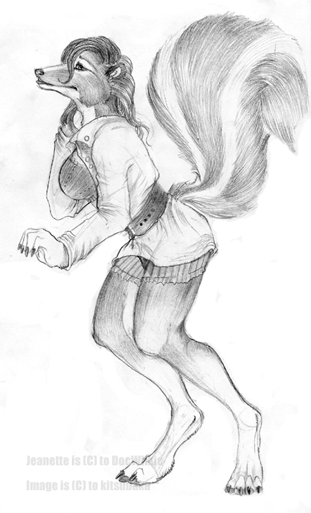 2006 anthro belt breasts claws clothed clothing female fluffy fluffy_tail fur greyscale hair jeanette_(docwilkie) kitsubaka mammal mephitid monochrome skunk solo toe_claws