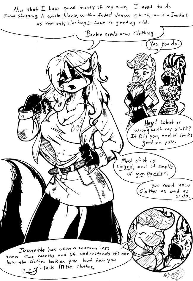 anthro bottomwear breasts cleavage cleavage_cutout clothed clothing comic dialogue dirty_clothes dirty_clothing dress english_text equid equine eyes_closed female fur group hair horse jeanette_(docwilkie) lizardbeth loincloth looking_at_self mammal mephitid open_mouth skunk text trio zebra