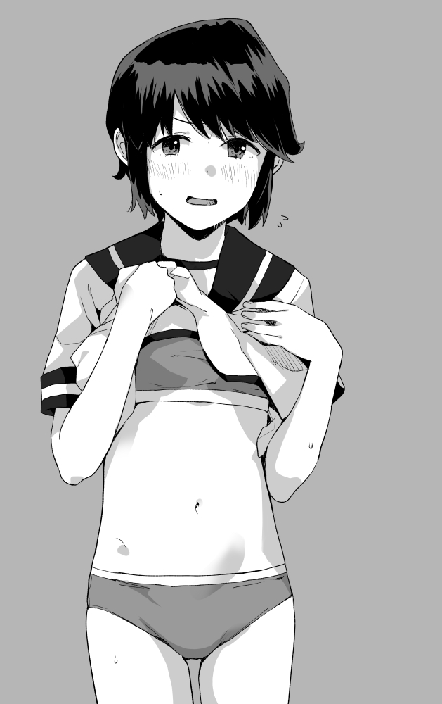 1girl bangs banned_artist blush bra clothes_lift flying_sweatdrops greyscale kantai_collection lifted_by_self looking_at_viewer makio_(makiomeigenbot) miyuki_(kancolle) monochrome panties parted_lips sailor_collar school_uniform serafuku shirt_lift short_hair simple_background solo training_bra underwear