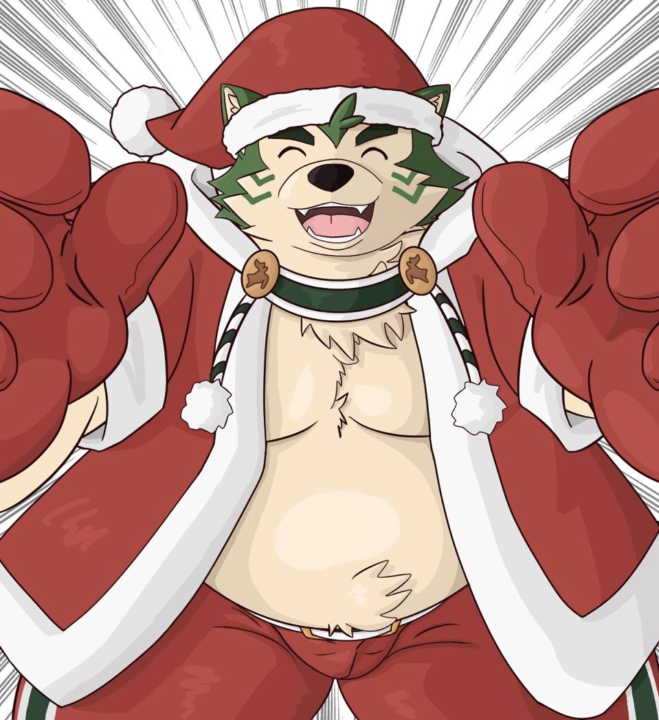 2022 anthro belly big_belly black_nose bottomwear bulge canid canine canis christmas christmas_clothing christmas_headwear clothing costume domestic_dog eyes_closed gloves green_body handwear hat headgear headwear holidays humanoid_hands kemono l1ymjukhs0hd7zi lifewonders live-a-hero male mammal mokdai moobs overweight overweight_male pants santa_costume santa_hat solo video_games