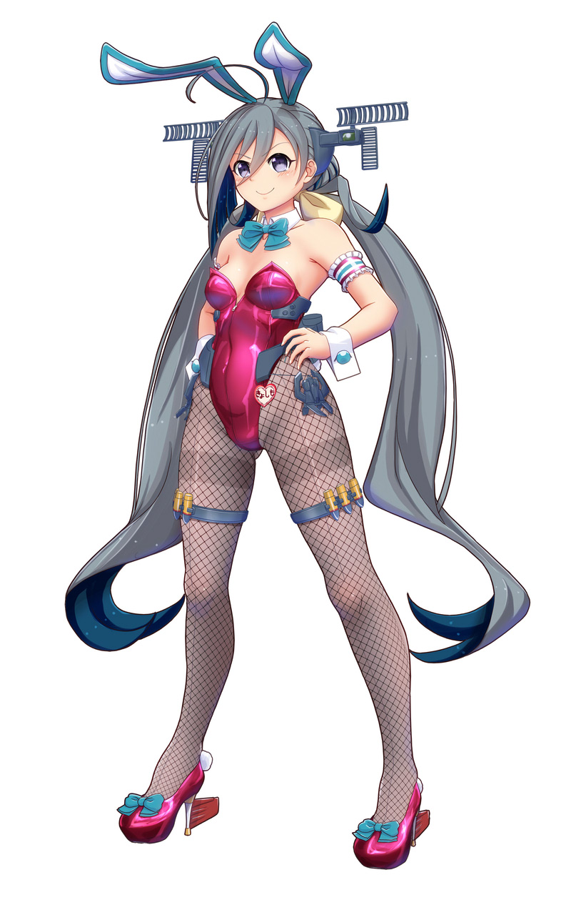 1girl ahoge animal_ears aqua_bow aqua_bowtie blue_hair bow bowtie breasts covered_navel detached_collar fake_animal_ears fishnet_pantyhose grey_eyes grey_hair grey_pantyhose hair_between_eyes headgear highleg highleg_leotard highres kantai_collection kiyoshimo_(kancolle) leotard long_hair low_twintails moke_ro multicolored_hair pantyhose playboy_bunny purple_footwear purple_leotard rabbit_ears revision rigging rudder_footwear simple_background small_breasts smile strapless strapless_leotard thighband_pantyhose thighhighs twintails uchuu_senkan_yamato uchuu_senkan_yamato_2199 very_long_hair white_background wrist_cuffs