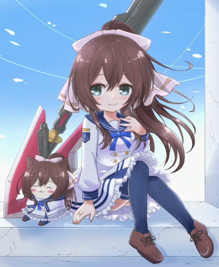 2girls :3 animal_ears aqua_eyes arm_at_side assault_lily bangs blue_ribbon blue_sailor_collar blue_skirt blue_thighhighs blush bow brown_bow brown_footwear brown_hair buttons cat_ears cat_girl chiikawa closed_eyes closed_mouth commentary_request dual_persona floating_hair frilled_skirt frills full_body hair_between_eyes hair_bow hand_on_own_chest hand_up high_ponytail inoguchi_minto jewelry knees_together_feet_apart knees_up light_particles long_hair long_sleeves looking_at_viewer minigirl miniskirt multiple_girls neck_ribbon official_alternate_costume outdoors planted planted_spear polearm ponytail ribbon ring sailor_collar sailor_shirt serizawa_chikaru shirt shoes sidelocks sitting sitting_in_window skirt smile spear striped striped_skirt thighhighs wavy_hair weapon white_shirt white_skirt windowsill