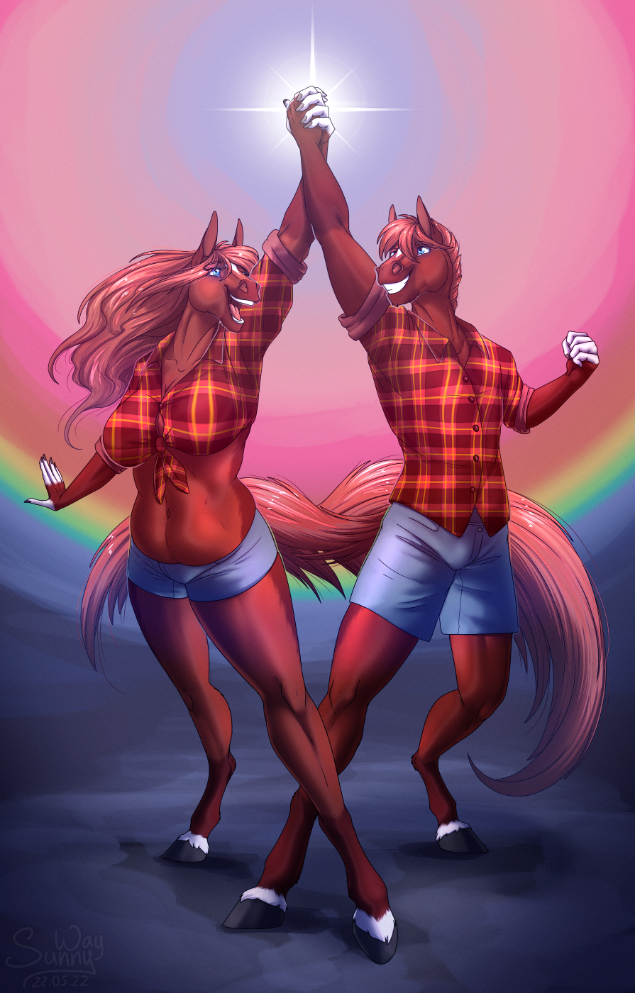 anthro belly bottomwear chubby_anthro chubby_female clothing digital_media_(artwork) duo duo_focus equid equine female group happy hi_res horse male mammal muscular muscular_anthro muscular_male open_mouth patreon patreon_artist poster power rainbow rainstorm_(marefurryfan) reward shirt shorts slightly_chubby smile sunny_way text thick_thighs topwear url