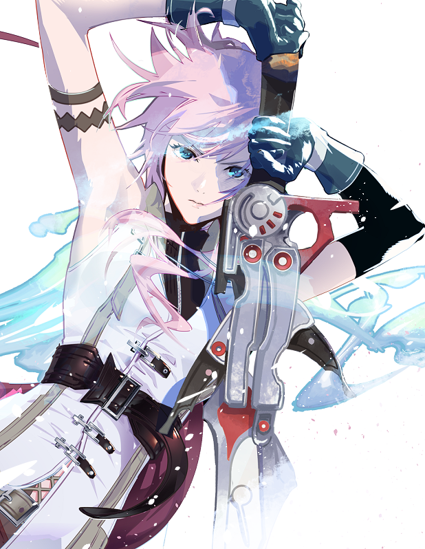 1girl aqua_eyes arm_up armband bangs belt black_gloves breasts cofffee fighting_stance final_fantasy final_fantasy_xiii gloves gunblade hair_between_eyes high_collar holding holding_weapon lightning_farron looking_at_viewer medium_breasts medium_hair pink_hair shirt sleeveless sleeveless_shirt solo upper_body wavy_hair weapon white_background white_shirt
