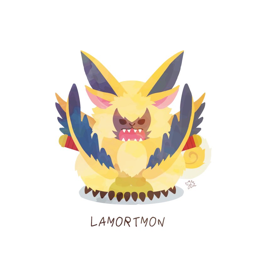 angry anthro bandai_namco chibi claws digimon digimon_(species) digimon_ghost_game fur lamortmon long_ears male monster orange_eyes sharp_claws sharp_teeth solo teeth winged_arms wings yamuretsu yellow_body yellow_fur