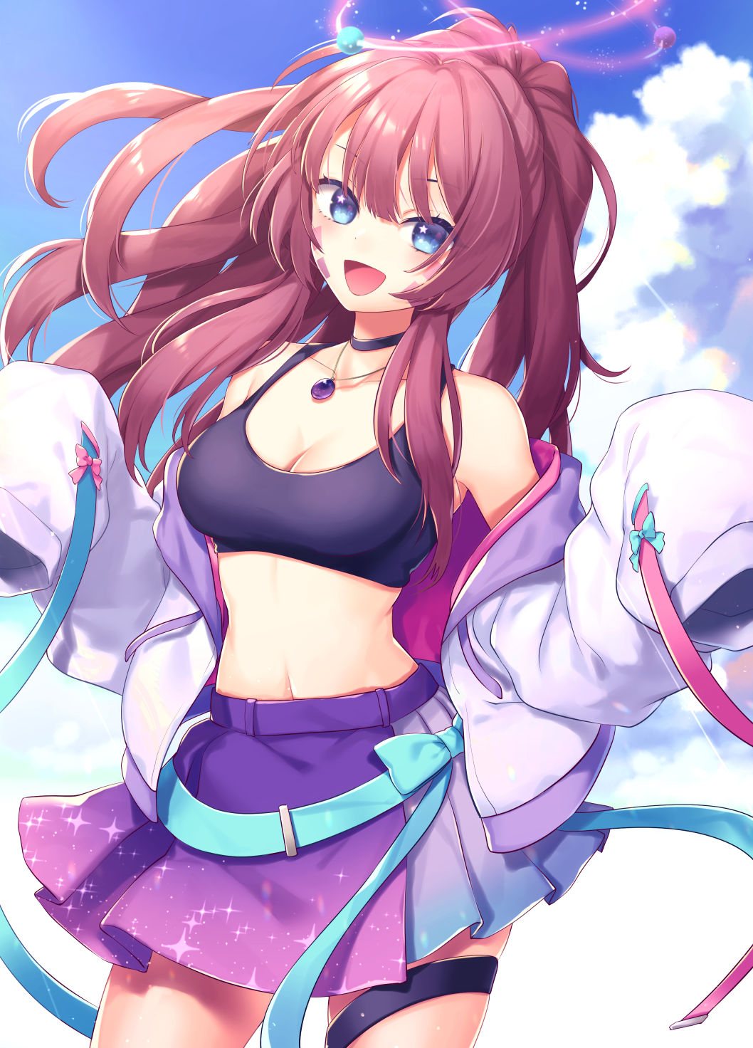 1girl :d armpits bare_shoulders black_choker black_shirt blue_eyes breasts choker cleavage commission cowboy_shot crop_top halo highres indie_virtual_youtuber jacket jewelry long_hair long_sleeves looking_at_viewer medium_breasts midriff miniskirt navel necklace off_shoulder open_clothes open_jacket open_mouth pleated_skirt ponytail purple_skirt red_hair shirt skeb_commission skirt sleeveless sleeveless_shirt sleeves_past_fingers sleeves_past_wrists smile solo standing stomach thigh_strap tomobe_kinuko virtual_youtuber white_jacket