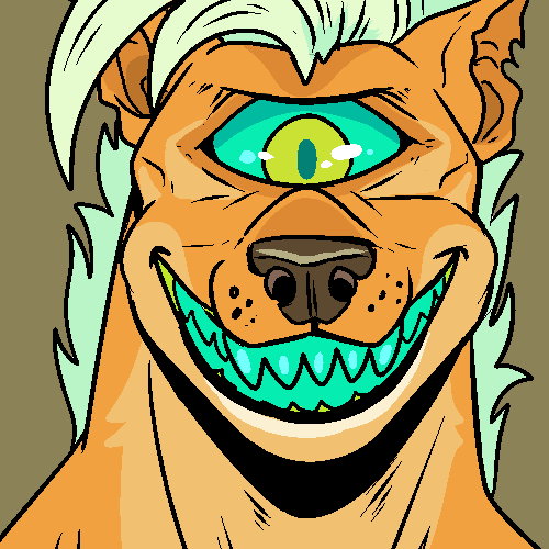 1_eye anthro blue_hair blue_sclera blue_teeth brown_background brown_nose front_view green_eyes grin hair headshot_portrait imperatorcaesar light_hair low_res male orange_body orange_ears orange_inner_ear portrait sharp_teeth simple_background smile solo teeth