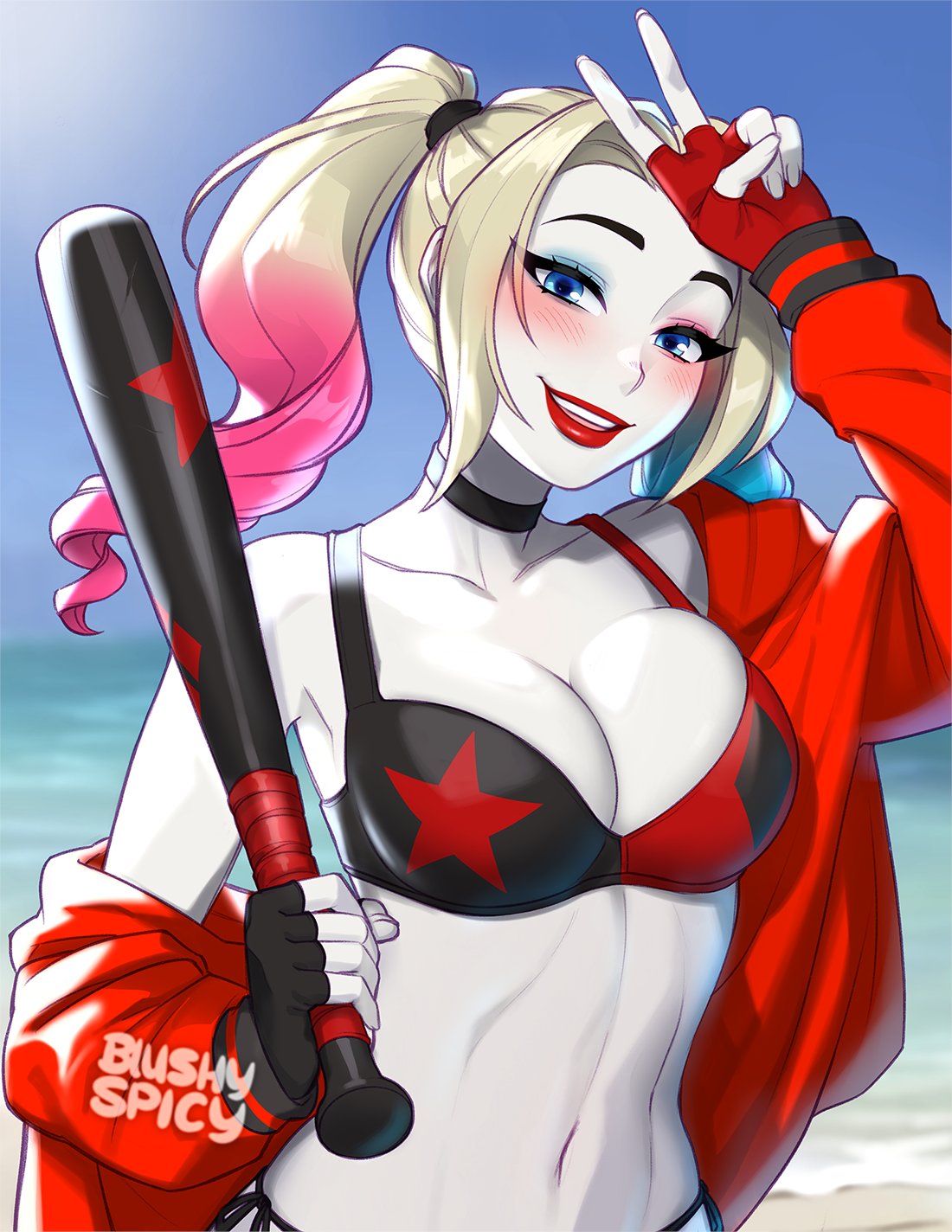 1girl asymmetrical_gloves baseball_bat batman_(series) beach bikini blonde_hair blue_eyes blush blushyspicy breasts cleavage dc_comics eyeshadow hair_dye harley_quinn highres jacket makeup off_shoulder over_shoulder pale_skin red_jacket red_lips side-tie_bottom smile solo swimsuit twintails upper_body weapon weapon_over_shoulder