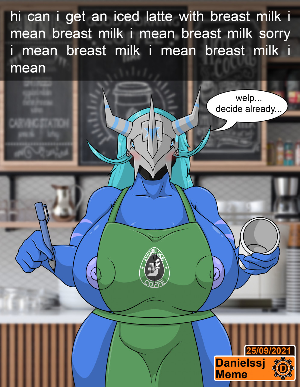 2021 anthro apron apron_only areola areola_slip aria_(danielssj) armor bandai_namco barista big_breasts big_butt blue_body blue_eyes blush bodily_fluids breasts butt clothing container cup curvy_figure danielssj dialogue digimon digimon_(species) digital_media_(artwork) english_text female hair headgear helmet hi_res huge_breasts i_mean_breast_milk logo mature_female meme mostly_nude nipples non-mammal_breasts pen scales solo sweat sweatdrop talking_to_viewer teal_hair text thick_thighs voluptuous wargreymon wide_hips