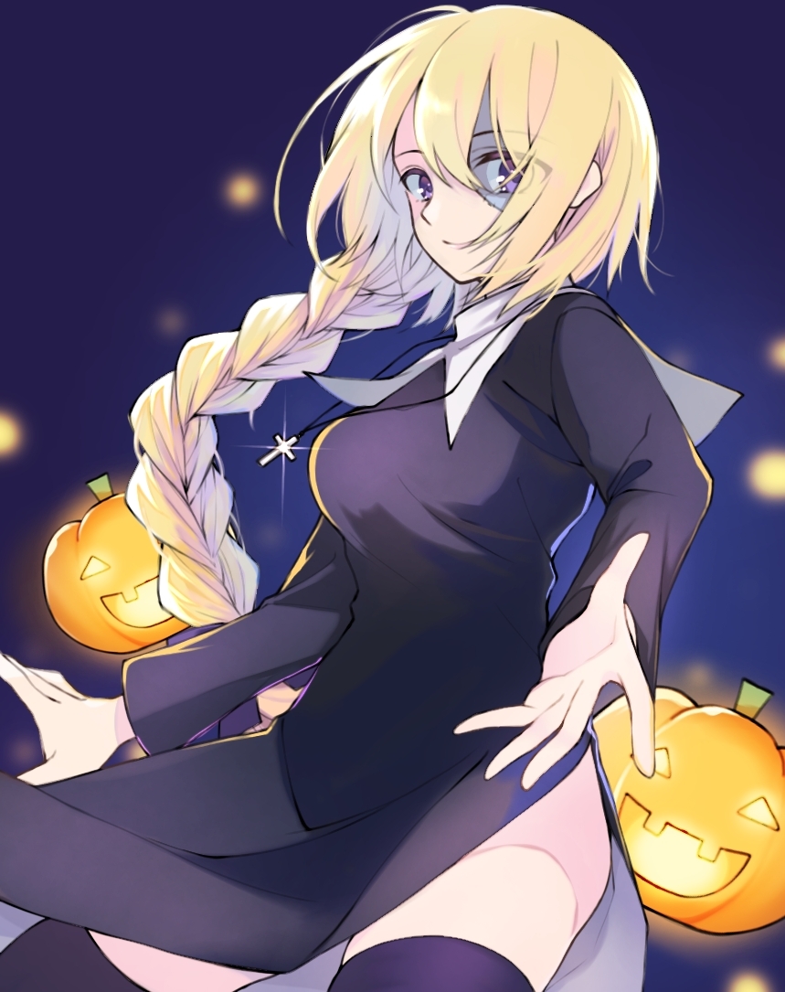 1girl alternate_costume blonde_hair blue_thighhighs blurry braid breasts colored_skin cross cross_necklace depth_of_field fate/grand_order fate_(series) grey_skin habit hair_between_eyes halloween jack-o'-lantern jeanne_d'arc_(fate) jewelry large_breasts looking_at_viewer maru_(pixiv51714255) necklace outstretched_arm side_slit skindentation solo stitched_face stitches thighhighs thighs