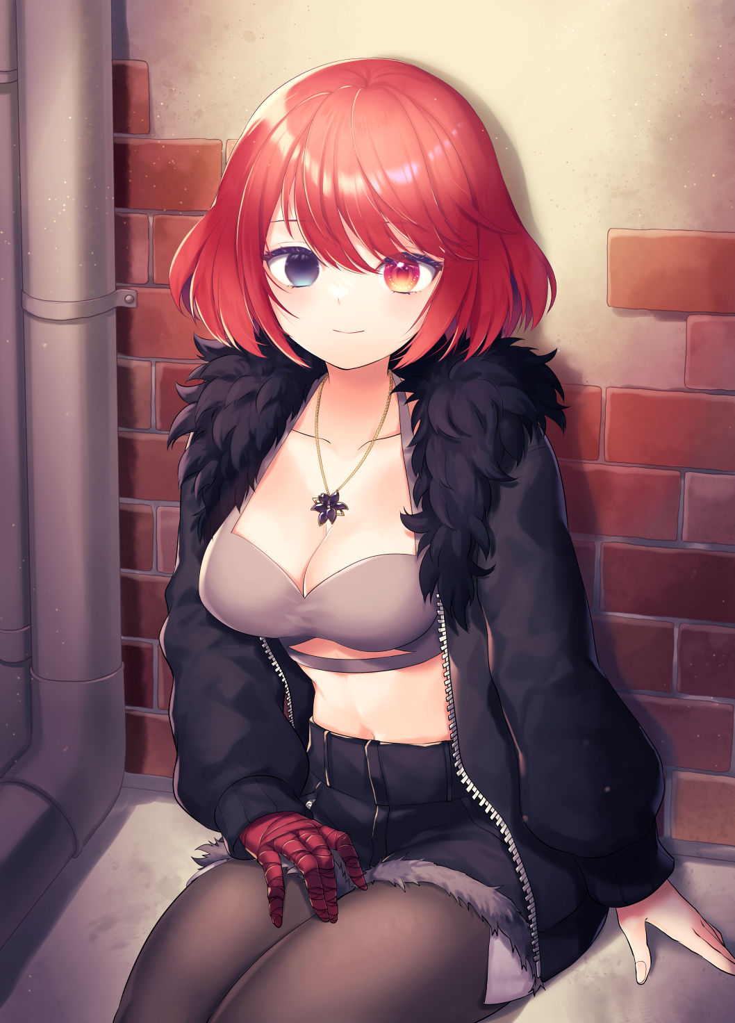 1girl black_jacket black_shorts blue_eyes breasts brown_pantyhose cleavage collarbone commission crop_top fur-trimmed_jacket fur_trim gloves grey_shirt heterochromia highres jacket jewelry large_breasts long_sleeves looking_at_viewer midriff navel necklace open_clothes open_jacket original pantyhose red_eyes red_hair shirt short_hair short_shorts shorts single_glove skeb_commission smile solo tomobe_kinuko