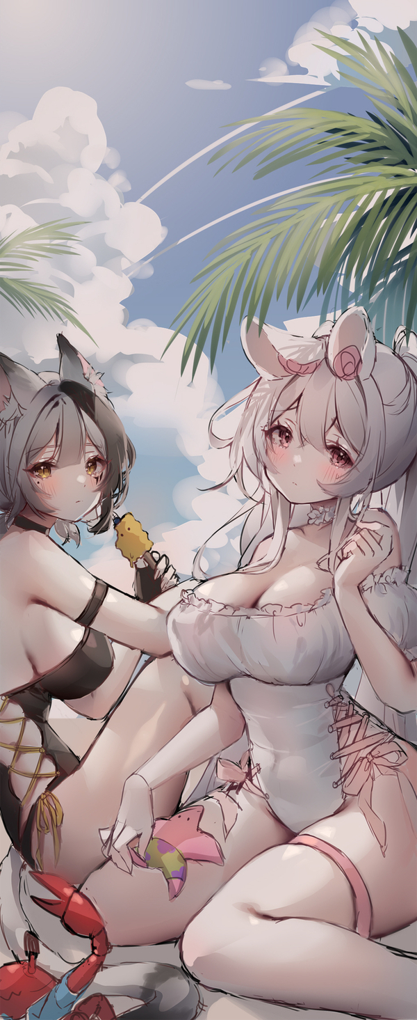 2girls animal_ears arm_strap bare_shoulders black_swimsuit breasts choker cleavage covered_navel crab detached_sleeves facial_mark frilled_choker frilled_swimsuit frills grey_hair highres large_breasts long_hair looking_at_viewer mole mole_under_eye multicolored_hair multiple_girls original outdoors patrick_star ponytail red_eyes shiro_albino side_cutout sitting skindentation starfish swimsuit tail thigh_strap thighs two-tone_hair very_long_hair wariza white_hair white_swimsuit yellow_eyes