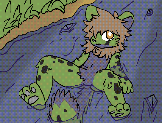 anthro brown_hair butt changed_(video_game) felid fur goo_creature green_body hair ikelos4444 kemono leopard male mammal orange_eyes pantherine purple_body purple_fur solo spots spotted_body spotted_fur young