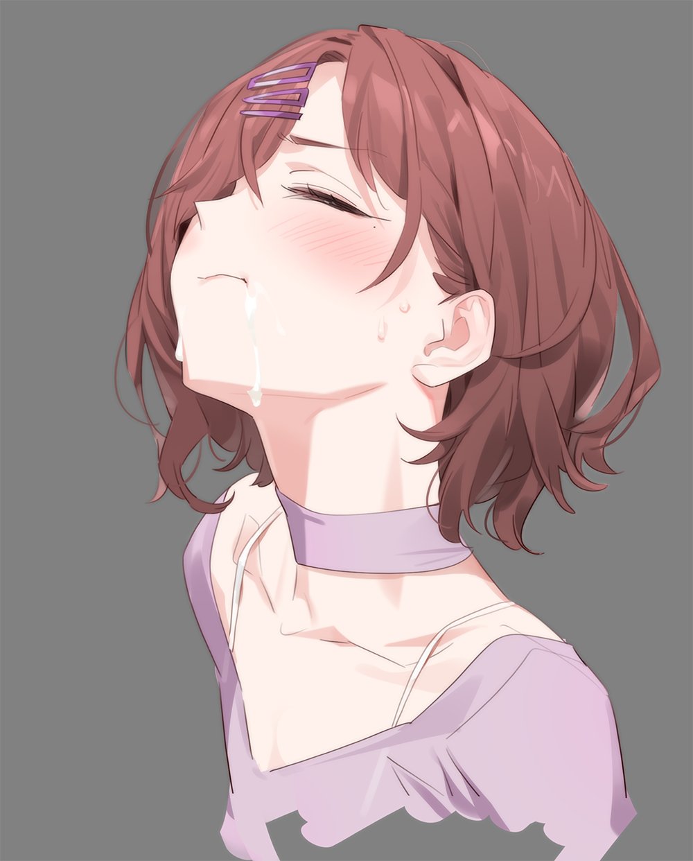 1girl bangs brown_hair choker closed_eyes closed_mouth commentary_request cropped_shoulders grey_background hair_ornament hair_over_one_eye hairclip highres higuchi_madoka idolmaster mole mole_under_eye purple_choker purple_shirt sexually_suggestive shirt short_hair simple_background solo suggestive_fluid swallowing sweat upper_body yd_(orange_maru)