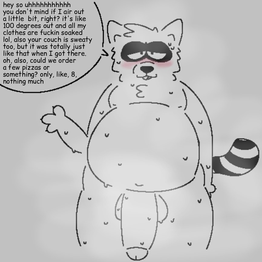 anthro balls belly big_balls big_belly big_penis blush bodily_fluids comic_sans dialogue genitals huge_balls huge_penis male mammal monochrome moobs musk_clouds nude overweight penis procyonid raccoon simple_background solo sweat sweaty_balls sweaty_belly sweaty_genitalia synaheav text