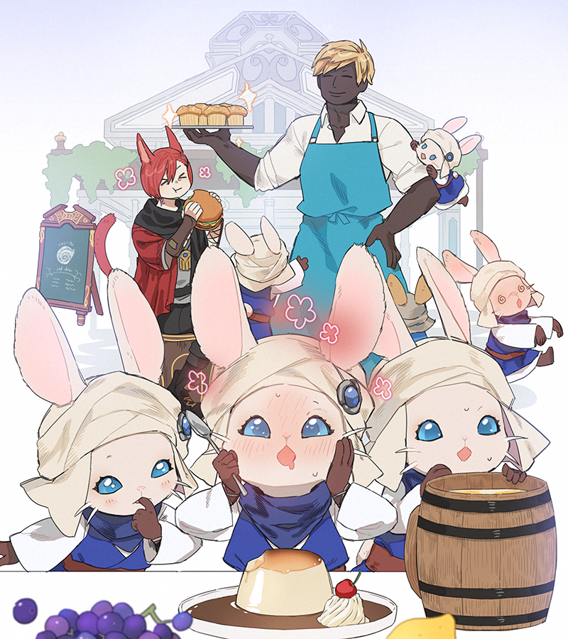 &gt;_&lt; 2boys 6+others :t @_@ ^_^ alcohol ambiguous_gender animal_ears apron bangs barista beer black_scarf blonde_hair blue_apron blue_dress blue_eyes blue_gemstone blue_scarf blue_sclera blush boots brown_footwear brown_gloves building burger cat_boy cat_ears cat_tail chalkboard_sign closed_eyes collared_shirt colored_sclera commentary_request dark-skinned_male dark_skin dress drooling eating employee_uniform final_fantasy final_fantasy_xiv finger_in_own_mouth flower_(symbol) food fruit full-face_blush furry g'raha_tia gem gg_dal gloves grapes hand_on_hip hands_on_own_cheeks hands_on_own_face holding holding_food holding_spoon holding_tray hyur korean_commentary long_sleeves looking_at_food loporrit miqo'te muffin multiple_boys multiple_others on_shoulder open_mouth outdoors outstretched_arms plate pudding puddingway rabbit_ears rabbit_tail red_hair scarf shirt short_hair smile sparkle spoon standing sweat swept_bangs tail tail_raised tankard tray turban uniform whiskers white_background white_shirt yellow_headwear zombie_pose